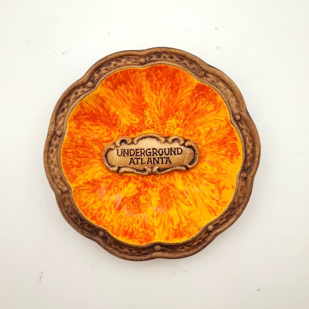 Vtg MCM Treasure Craft USA Ashtray Trinket Dish Underground Atlanta 5" Orange